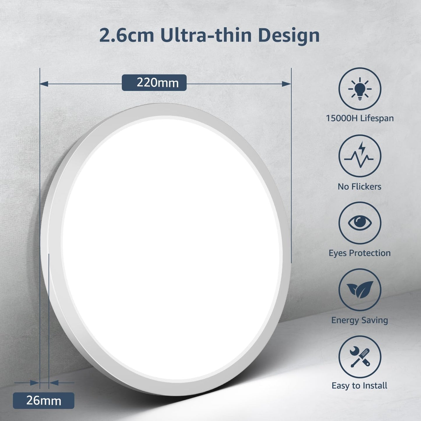 Lepro 2 Pack of Bathroom Lights, 18W 1800lm LED Ceiling Light, Waterproof IP44, 2.6cm Ultra-Thin, 5000K, Round, Flush Ceiling Lighting for Bathroom, Kitchen, Bedroom, Hallway, Utility Room, Ø22cm