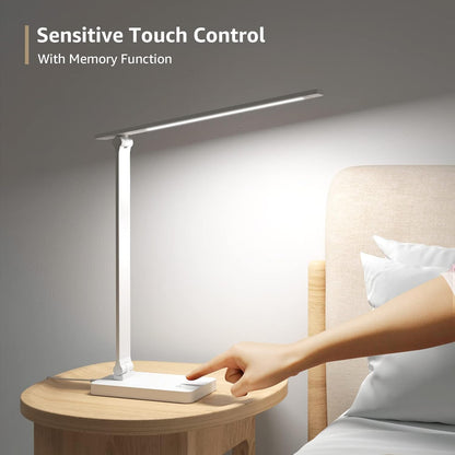 Lepro LED Desk Lamp, Desk Lamp with Power Adapter, 655lm, Desk Lamps Office with USB Charging Port, 5 Brightness Levels x 3 Colour Mode, Touch Control Daylight Lamp for Office, Nails, Study, Bedroom