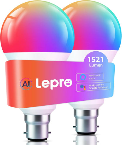 Lepro B22 AI Smart Bulb, 1521LM Smart Light Bulb, 12W(100W), Schedule & Timer, Energy Saving, 16 Million Colors, Work with Alexa & Google Assistant, Personalized AI Lighting Designer