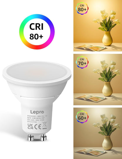 Lepro GU10 LED Bulbs, Warm White 2700K, 4W 345lm, 50W Halogen Spotlight Bulb Equivalent, Energy Saving GU10 LED Light Bulbs, 100° Wide Beam, Non-dimmable, Pack of 10