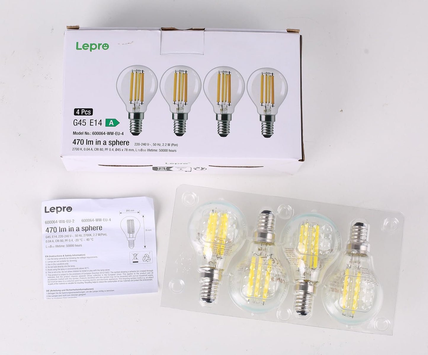 Lepro E14 Golf Ball Bulb Vintage, Ultra Efficient A-Rated, 2.2W = 40W, 470lm, Warm White 2700K, 50000H Lifespan, Small Edison Screw SES Bulb, Clear Filament, Glass, Pack of 4