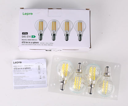 Lepro E14 Golf Ball Bulb Vintage, Ultra Efficient A-Rated, 2.2W = 40W, 470lm, Warm White 2700K, 50000H Lifespan, Small Edison Screw SES Bulb, Clear Filament, Glass, Pack of 4