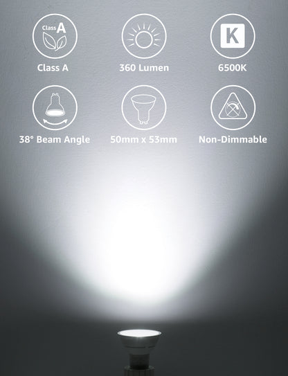 A spotlight-style LED bulb shown at the bottom of a dark gradient background, with six white line icons and text above indicating features: Class A, 360 Lumen, 6500K, 38° Beam Angle, 50mm x 53mm, and Non-Dimmable.