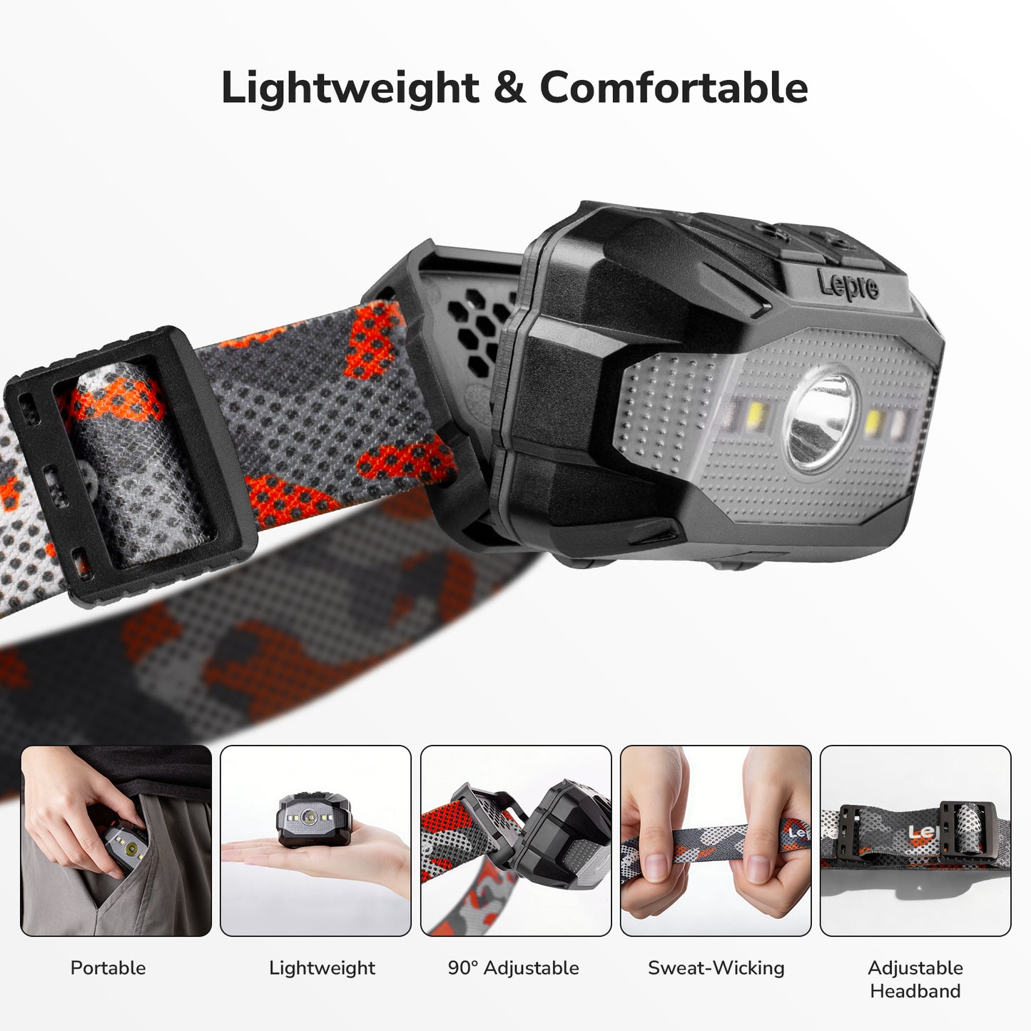Lepro Dual Power Head Torch Rechargeable, LED Headlight with TypeC & AAA Backup, 10 Modes with Red SOS Light, Lightweight for Kids Adults, IPX4 Waterproof Head Lamp for Camping, Running, Cycling