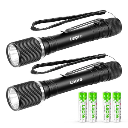Lepro Torch Battery Powered, Small Bright LED Flashlight with Clip, 3 Modes, IPX4 Waterproof, Anti-Slip Aluminum Body for Camping, Emergency, Dog Walking and Power Cut, Batteries Included [Energy Class A+]