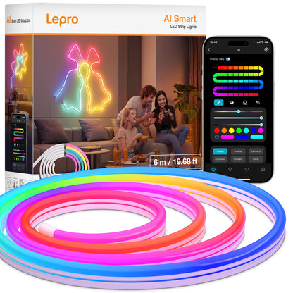 Lepro N1 AI Smart Rainbow Neon Light Strip 6M, 96 LEDs/M, Work with Alexa, Google Home, Music Sync, AI Lighting Design Assistant, IP65 Rope Light, MagicColor LED Light, App & Voice Control, No Remote