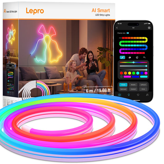 Lepro N1 AI Smart Rainbow Neon Light Strip 6M, 96 LEDs/M, Work with Alexa, Google Home, Music Sync, AI Lighting Design Assistant, IP65 Rope Light, MagicColor LED Light, App & Voice Control, No Remote