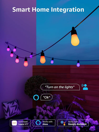 Lepro ZB1 AI Outdoor String Lights 15m, Smart Outdoor Lights Waterproof IP65, Dimmable Warm White Garden String Lights, AI Lighting Design Assistant, Works with Alexa, Bluetooth & 2.4G WiFi, No Remote