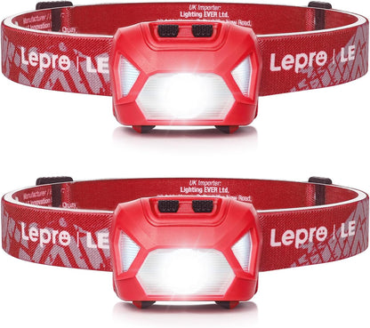 Lepro Head Torch, [2 Pack] Super Bright LED Headlamp with 6 Lighting Modes, Waterproof, Battery Powered LED Lightweight Headlight for Cycling Running Camping for Kids Adults [Not Included Battery]