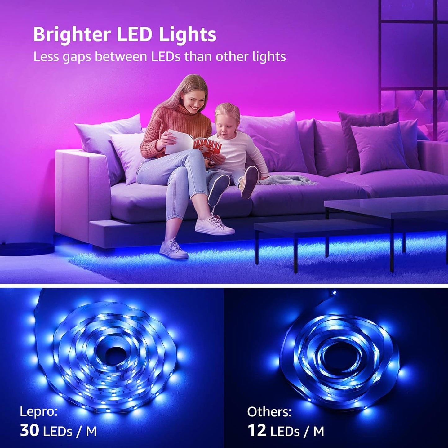Lepro 20M LED Strip Lights with Remote, Dimmable, RGB Colour Changing, Stick-on Long LED Lights for Bedroom, Kitchen, Room Decoration (2 x 10M, Plug and Play, Bright 5050 LEDs)