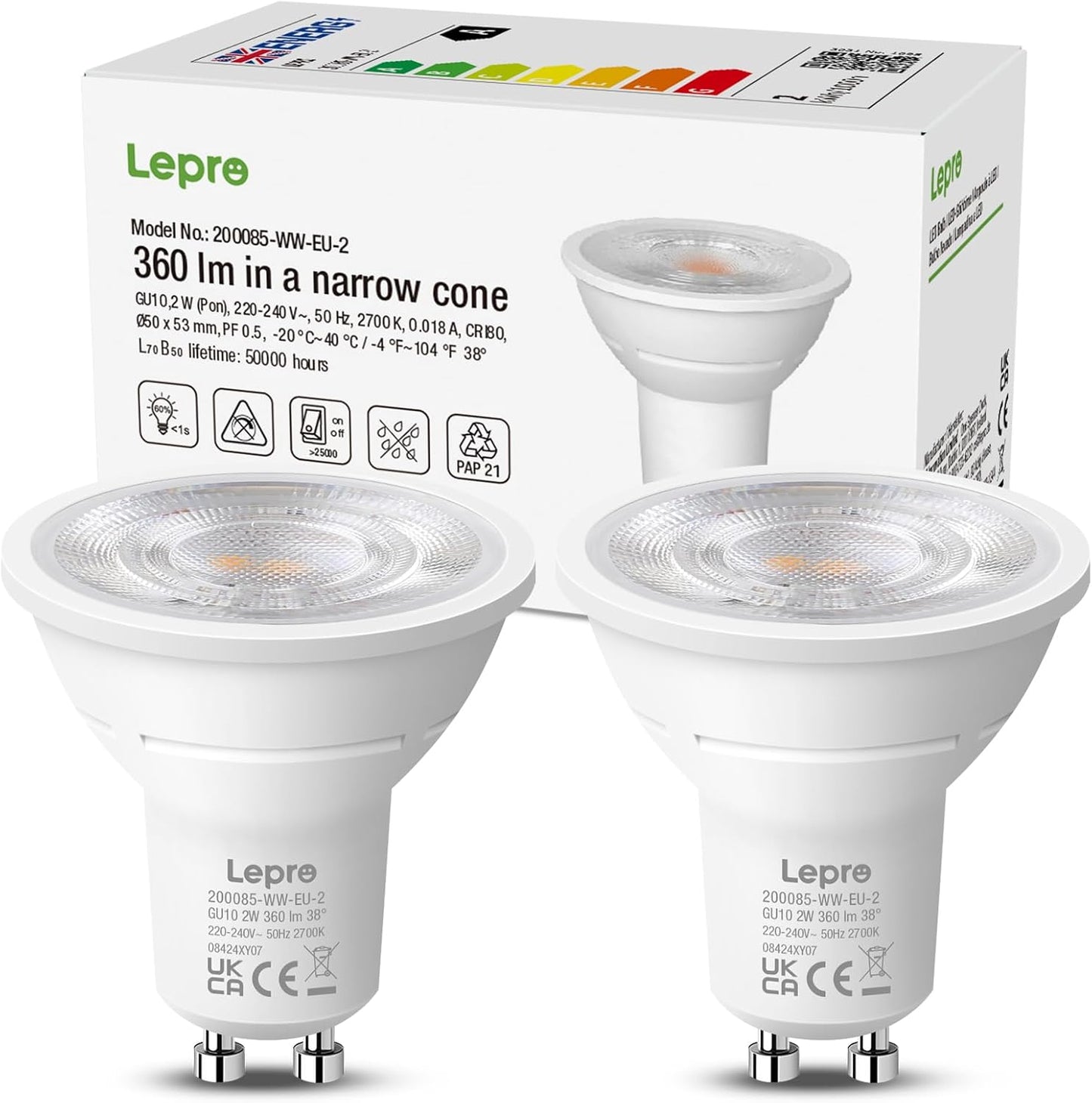Lepro GU10 LED Bulbs, Warm White 2700K, A Energy Class, 360LM, 2W (50W Equivalent), 38¡« Beam Angle, 50000H Long Life, 96% Energy Saving Spotlight Bulb, Non-Dimmable, 2 Packs