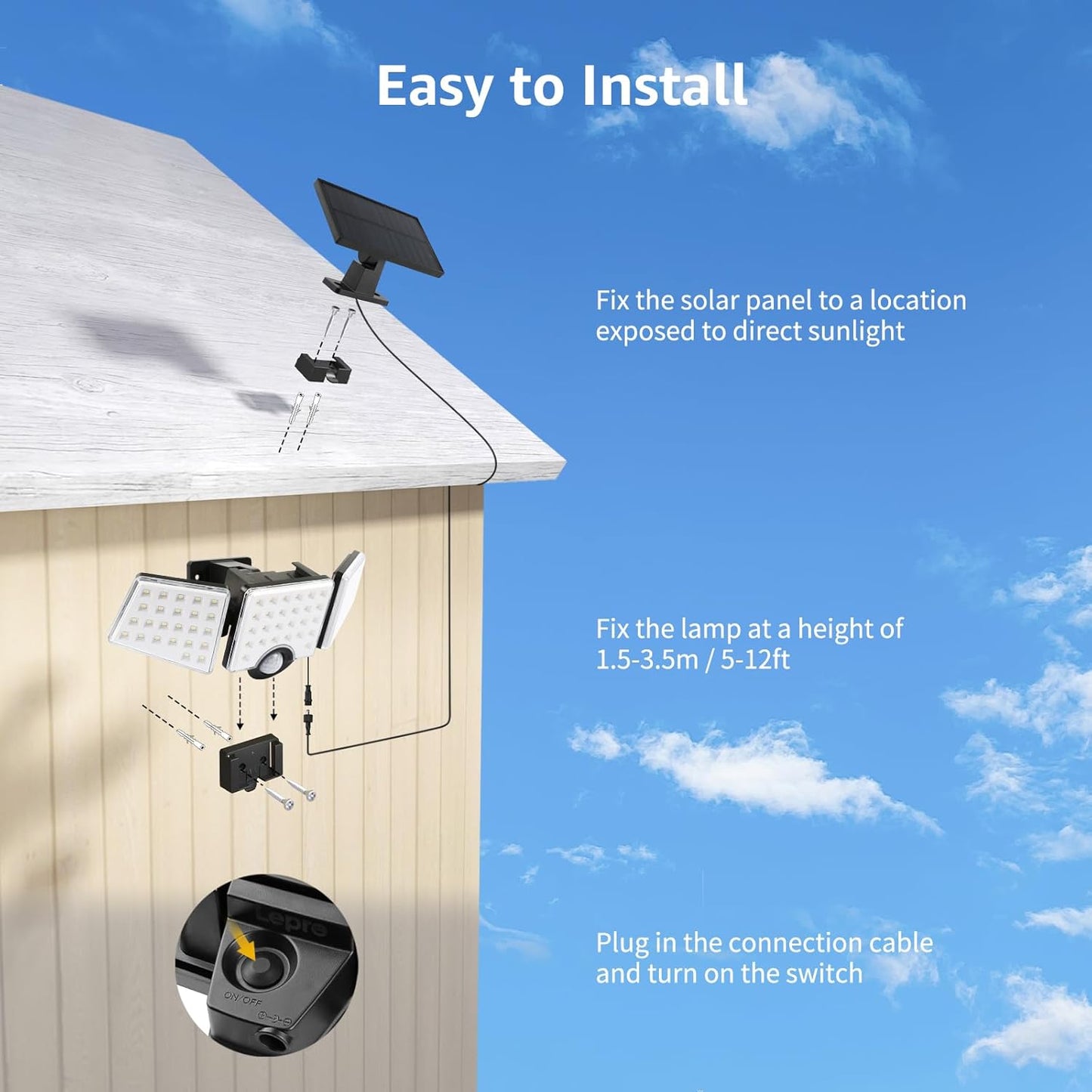 Lepro Solar Security Lights Outdoor Motion Sensor, 1200LM Solar Flood Lights with Separate Solar Panel, IP65 Waterproof, Adjustable 3Heads, Solar Pir Wall Lights for Yard Garage Pathway