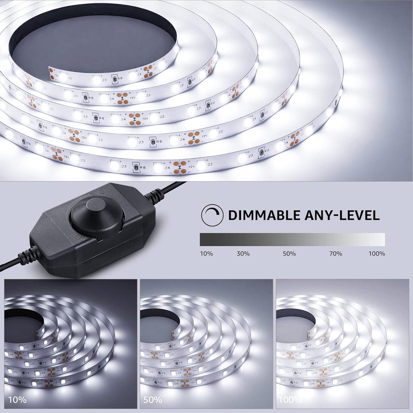 Lepro LED Strip Light White 5M 300 LEDs, 1650lm Dimmable Strip Lights for Kitchen, Cool White 6000K Daylight LED Strip for Under Units Cabinet Cupboards (12V Power Plug and Dimmer Switch Included)