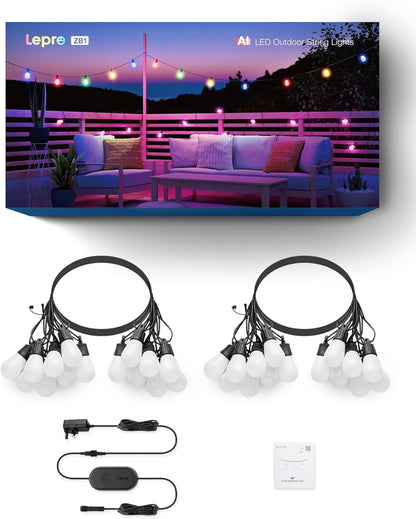 Lepro AI Smart Outdoor String Lights 30m, Festoon Lights Outdoor Waterproof IP65, Warm White & RGB Colour Changing, Personalized AI Lighting Designer, Works with Alexa & Google, 2.4G WiFi