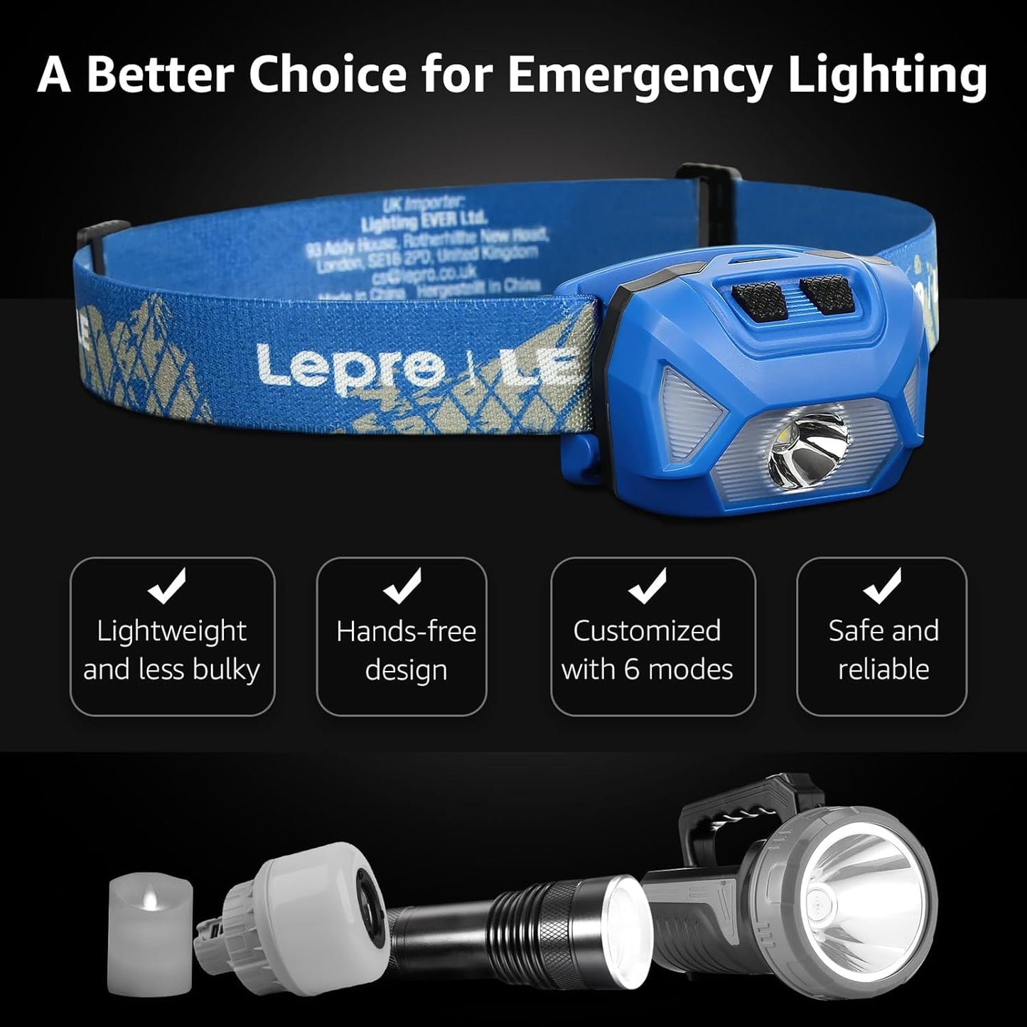 Lepro Head Torch, [2 Pack] Super Bright LED Headlamp with 6 Lighting Modes, Waterproof, Battery Powered LED Lightweight Headlight for Cycling Running Camping for Kids Adults [Not Included Battery]