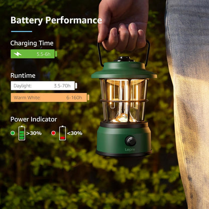 Lepro Rechargeable Camping Lantern, 300LM Retro Camping Tent Light with Knob Control, Dimmable Warm & Cool White, Type-C Charging, 3600mAh Portable Hanging Lamp for Power Cuts, Garden, Fishing, Green