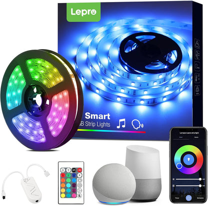 Lepro Smart RGB LED Strip Light 5M, Music Sync, Works with Alexa and Google Assistant, Smart Life App, Remote and Voice Control, Colour Changing LED Lights for Bedroom Party Home Decor