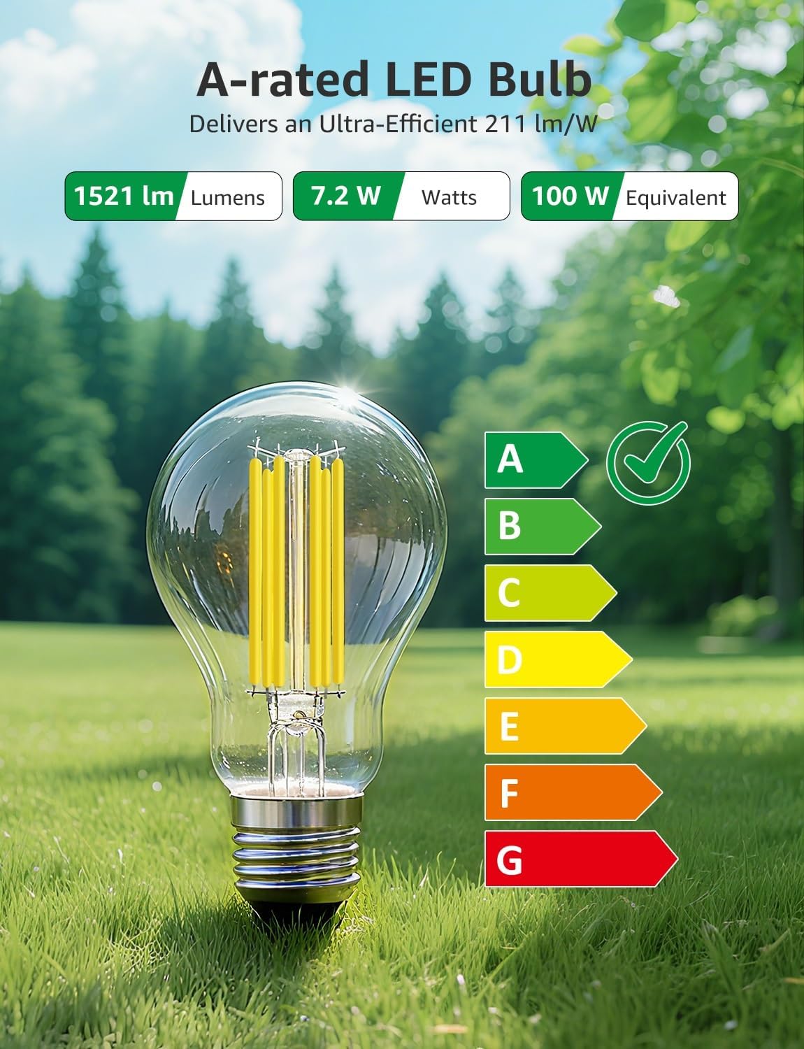 Lepro E27 Screw Bulb Vintage, Ultra Efficient A-Rated GLS Bulb, 7.2W = 100W, 1521lm, 2700K Warm White, 50000H Lifespan, Clear Filament, Glass, Non-dimmable, Pack of 2
