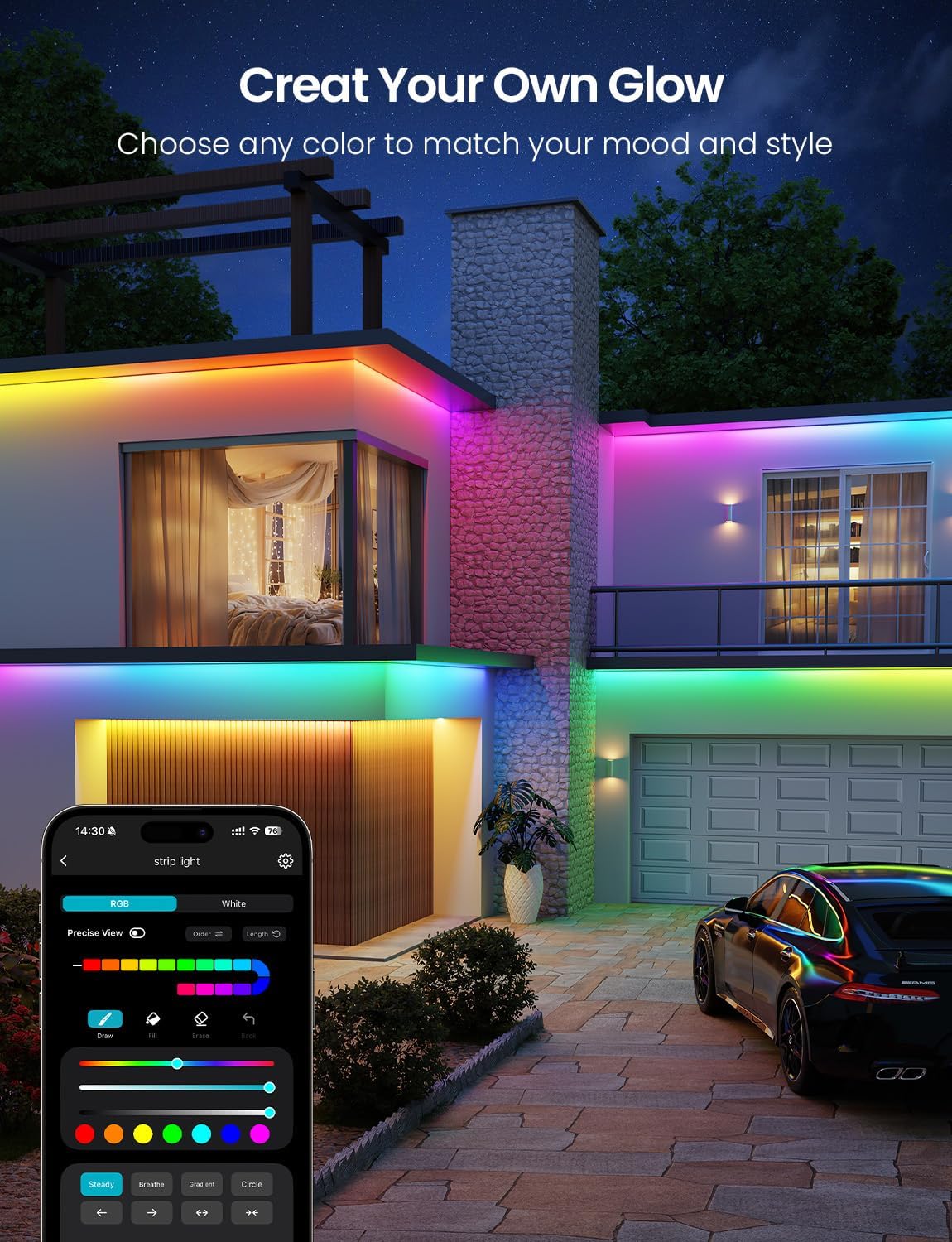 Lepro SW1 AI Smart Outdoor Lights 5M RGBW+IC, IP65 Waterproof LED Strip, Warm to Cool White, DIY Colour, Work with Alexa & Google Assistant, Music Sync, Timer, App & Voice Control