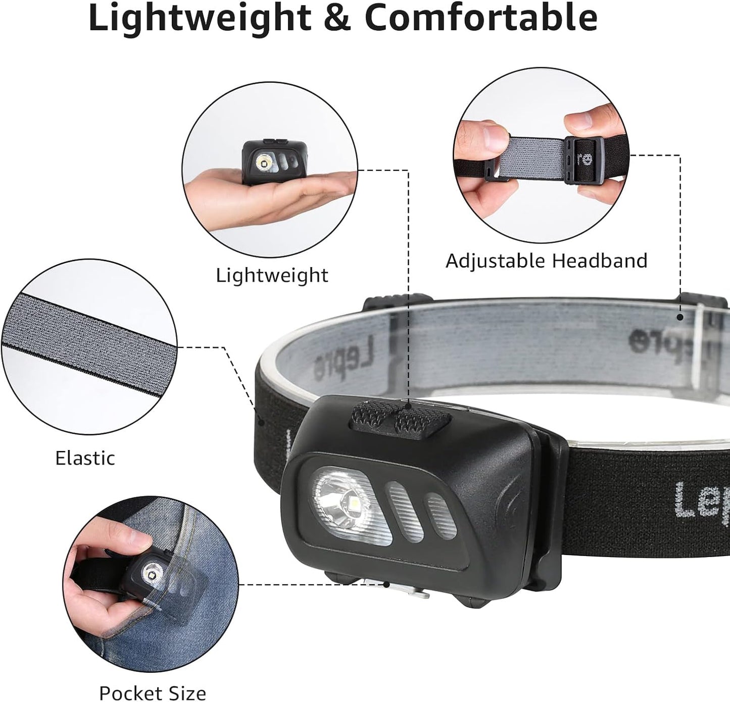 Lepro Head Torch, Super Bright Led Rechargeable Headlamp with Motion Sensor, Long Runtime, 5 Lighting Modes, Red Warning Lights, Waterproof Lightweight Headlight for Running Camping