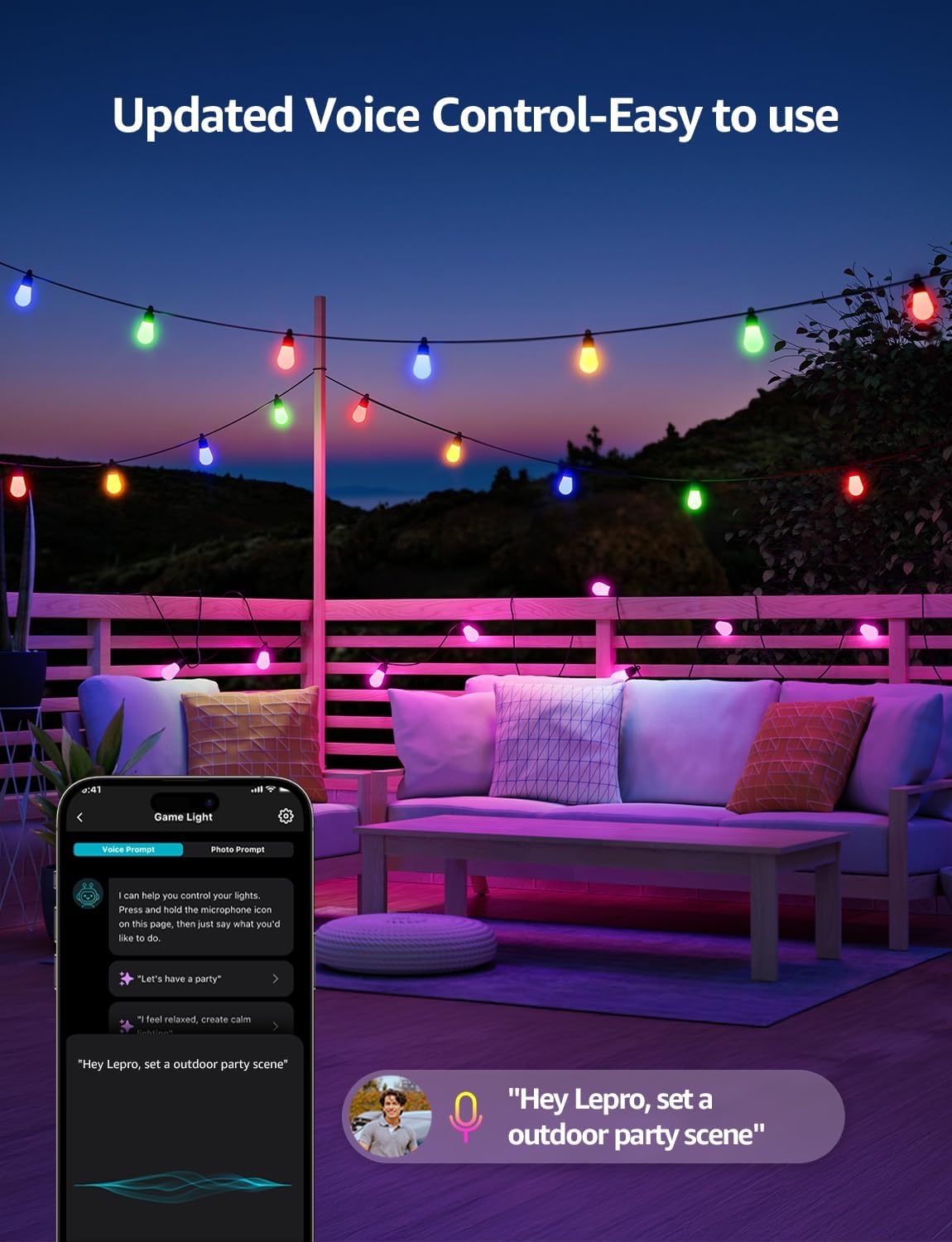 Lepro ZB1 AI Outdoor String Lights 30m, Smart Outdoor Lights Waterproof IP65, Dimmable Warm White Garden String Lights, AI Lighting Design Assistant, Works with Alexa, Bluetooth & 2.4G WiFi, No Remote