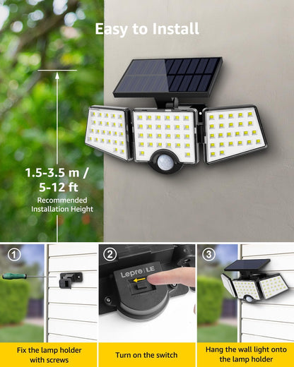 Lepro Solar Security Lights, 1200LM Solar Floodlights Motion Sensor with 360 Degree 3 Adjustable Heads, IP65 Waterproof, Wide Lighting Angle Solar Lights Outdoor for Yard Garage Pathway