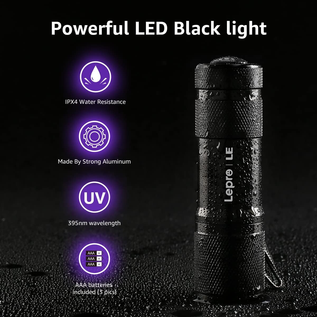 Lepro LE UV Torch, 9 LED 395nm Ultraviolet Flashlight, Blacklight Detector for Pet Urine, Stain, Bed Bugs and More, 3 AAA Batteries Included