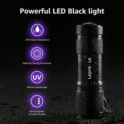 Lighting EVER Lepro LE UV Torch, 9 LED 395nm Ultraviolet Flashlight, Blacklight Detector for Pet Urine, Stain, Bed Bugs and More, 6 AAA Batteries Included