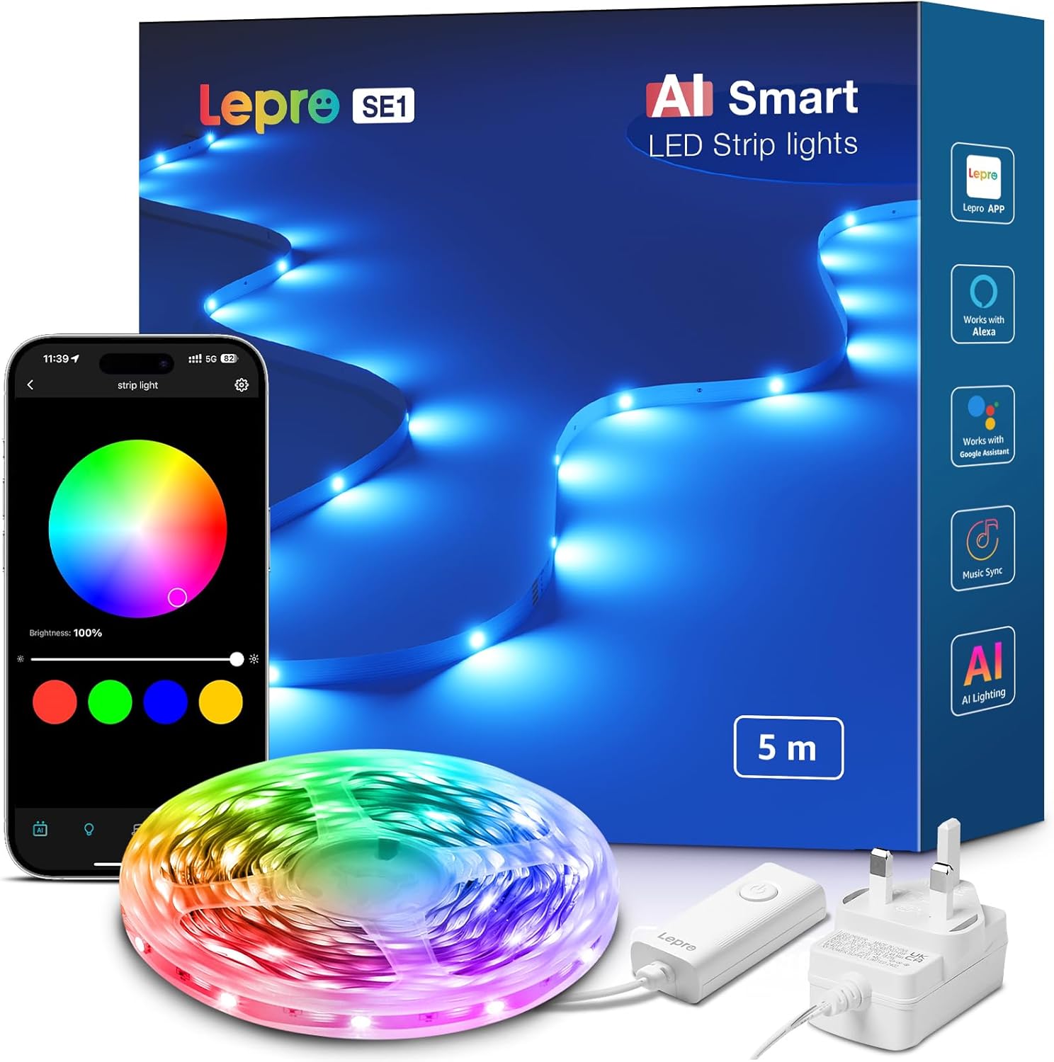 Lepro SE1 AI Smart RGB LED Strip Lights 5M, Voice & App Control, Works with Alexa & Google Home, Music Sync, AI Lighting Design Assistant, Colour Changing LED Lights for Bedroom, 2.4G WiFi, No Remote