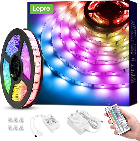 Lepro LED Strip Lights 15M (2x7.5M), RGB Colour Changing LED Strip with 44-Key Remote and 12V Power Plug, Stick-on LED Lights for Bedroom Home Decoration (450 Bright 5050 LED)