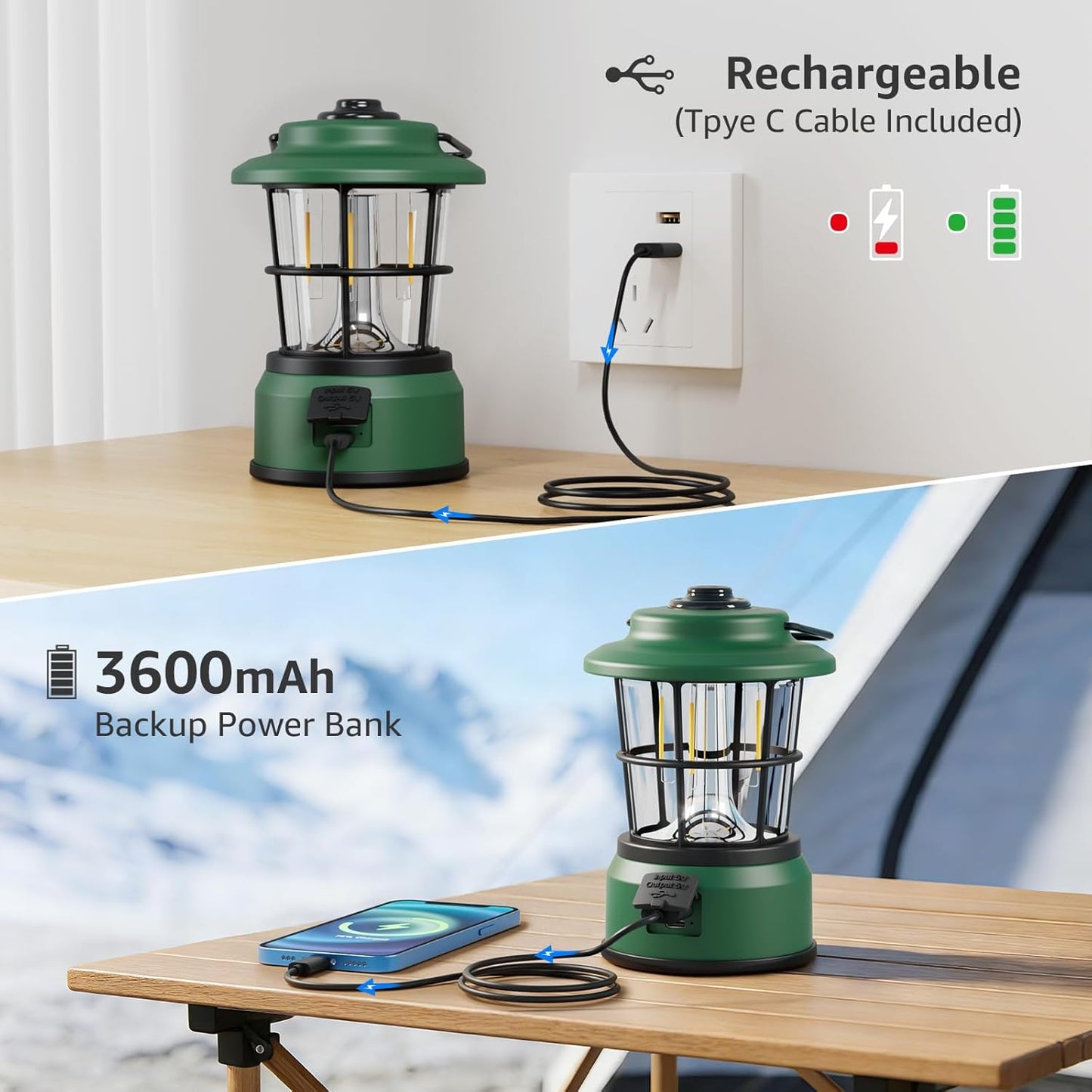 Lepro Rechargeable Camping Lantern, 300LM Retro Camping Tent Light with Knob Control, Dimmable Warm & Cool White, Type-C Charging, 3600mAh Portable Hanging Lamp for Power Cuts, Garden, Fishing, Green