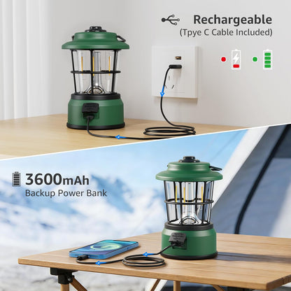 Lepro Rechargeable Camping Lantern, 300LM Retro Camping Tent Light with Knob Control, Dimmable Warm & Cool White, Type-C Charging, 3600mAh Portable Hanging Lamp for Power Cuts, Garden, Fishing, Green