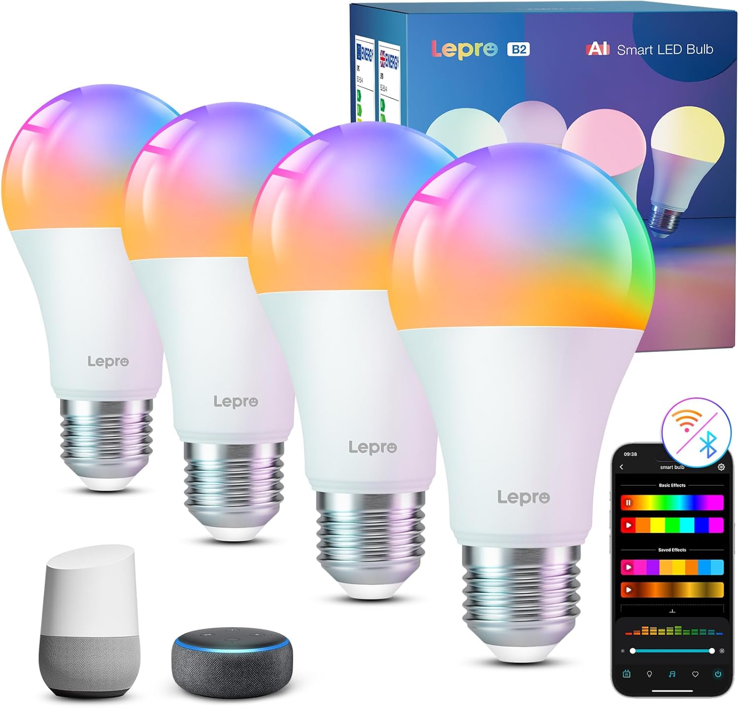 Lepro B2 AI Smart Bulb E27, 1100LM Music Sync Smart Screw Bulb, Voice Control Colour Changing Light Bulbs, AI Lighting Design Assistant,Bluetooth & WiFi Bulb,Work with Alexa & Google Assistant,4 Packs