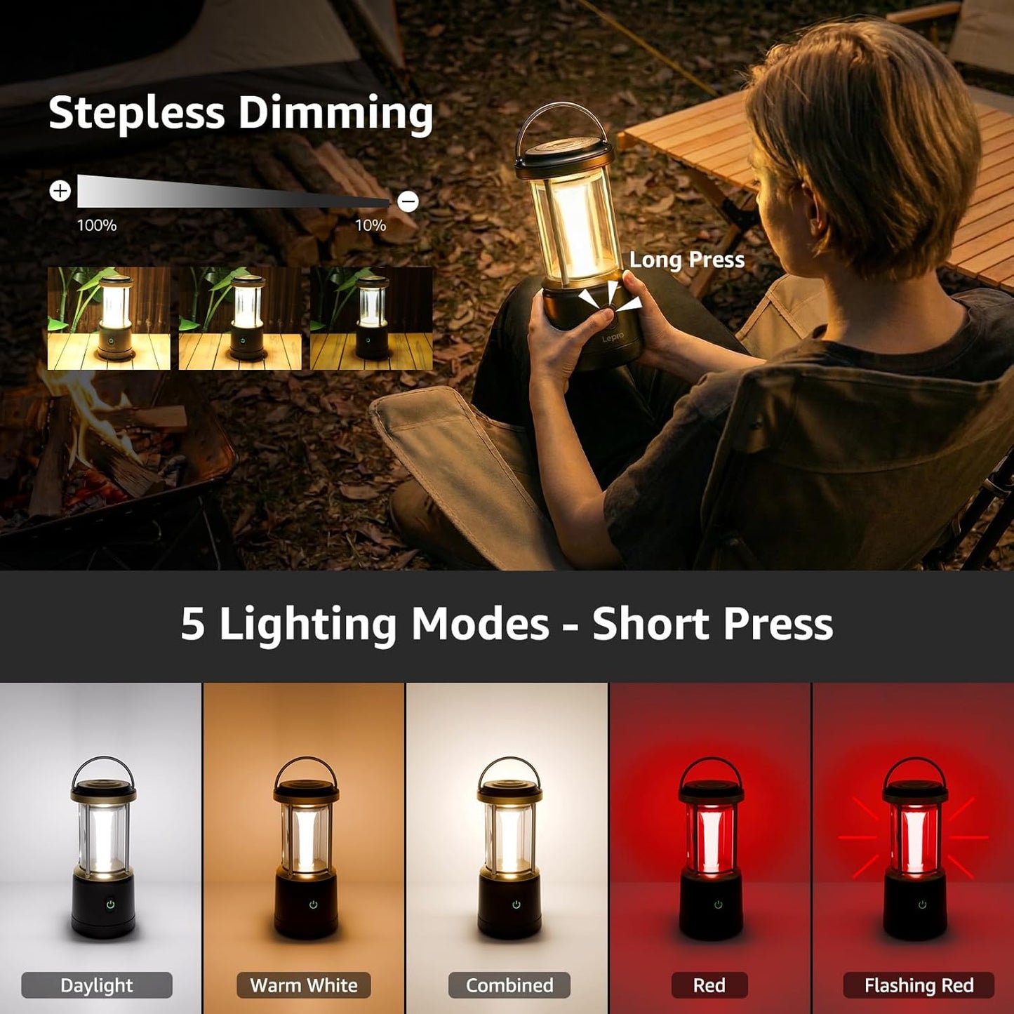 Lepro Camping Lantern, 2000 Lumen Camping Light Reachargeable or AA Battery Powered, Dimmable 5 Modes, Warm White & Cool Light, Rechargeable Lantern for Power Cuts, Tents, Fishing, Storm, Emergency