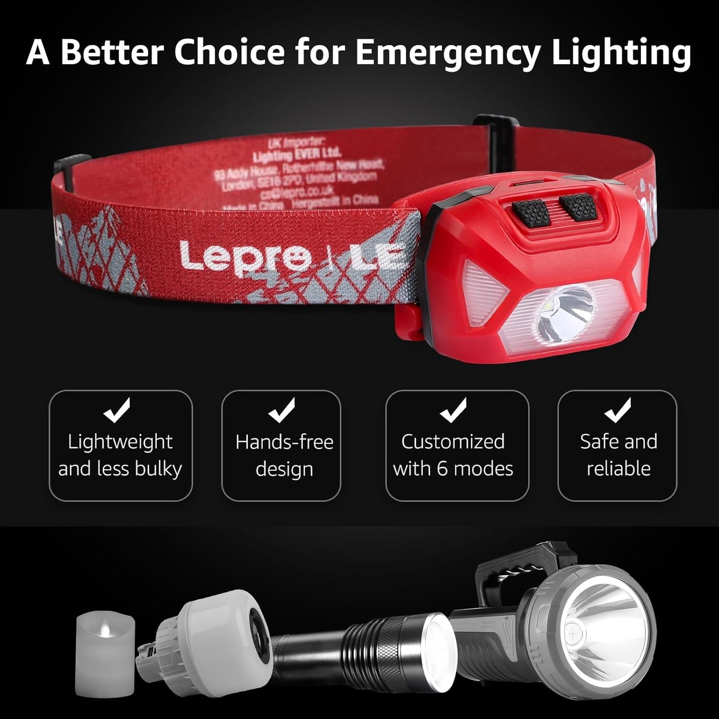 Lepro Head Torch, [2 Pack] Super Bright LED Headlamp with 6 Lighting Modes, Waterproof, Battery Powered LED Lightweight Headlight for Cycling Running Camping for Kids Adults [Not Included Battery]