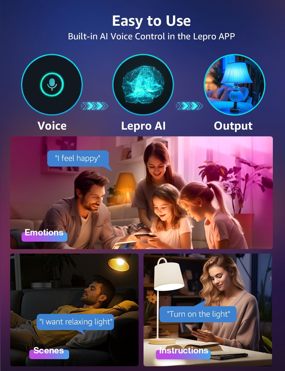 Lepro B2 AI Smart Bulb E27, 1100LM Music Sync Smart Screw Bulb, Voice Control Colour Changing Light Bulbs, AI Lighting Design Assistant,Bluetooth & WiFi Bulb,Work with Alexa & Google Assistant,4 Packs