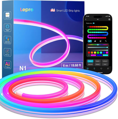 Lepro N1 AI Smart Rainbow Neon Light Strip 6M, 96 LEDs/M, Work with Alexa, Google Home, Music Sync, AI Lighting Design Assistant, IP65 Rope Light, MagicColor LED Light, App & Voice Control, No Remote