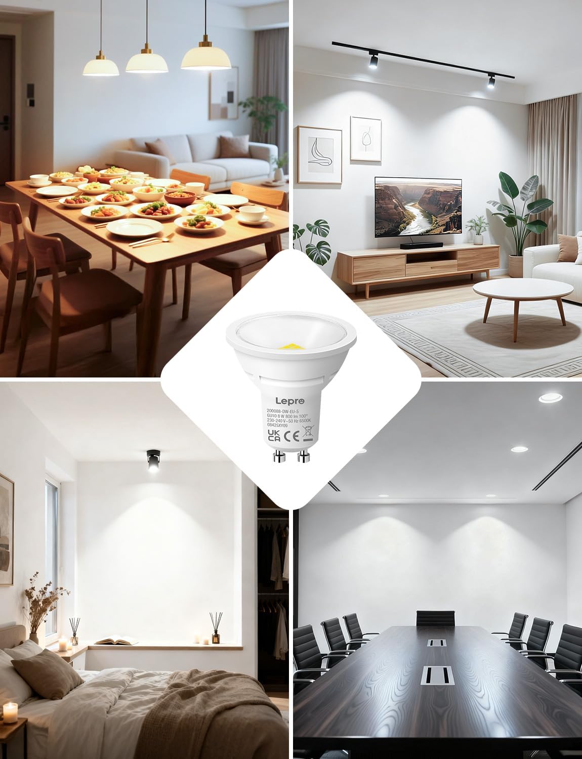 Lepro GU10 LED Bulbs, Cool White 6500K, 800LM Bright GU10 Lightbulbs, 8W (65W Equivalent), 100¡« Wide Beam Angle, Energy Saving LED Spotlight Bulbs, Non-Dimmable, Pack of 5