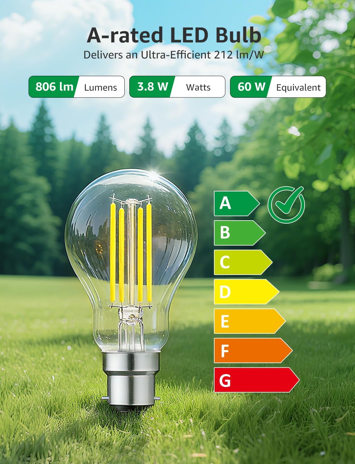 Lepro Vintage Bayonet Light Bulb, Ultra Efficient A-Rated B22 Bulb, 3.8W = 60W, 806lm, 2700K Warm White, 50000H Lifespan, Clear Filament, Glass, Non-dimmable, Pack of 2