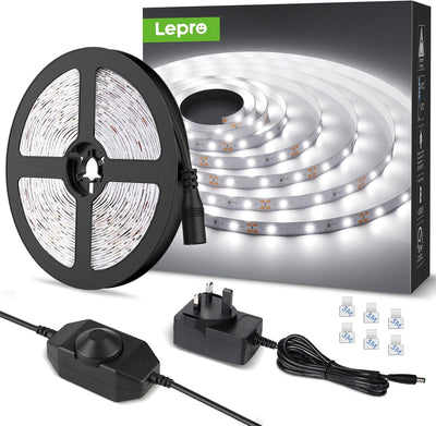 Lepro 5M Dimmable Cool White LED Strip Light Kit (6000K, 1650lm, With Power Plug)