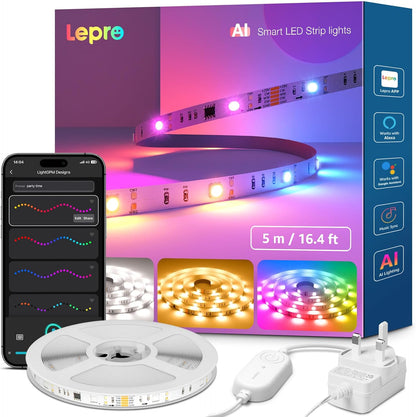 Lepro S2 AI Smart LED Strip Light 5M RGBW+IC, Works with Alexa, Google Assistant, Music Sync, 1200LM White Light, Personalized AI Lighting Designer, Zonal Colour Control LED Lights, App Voice Control