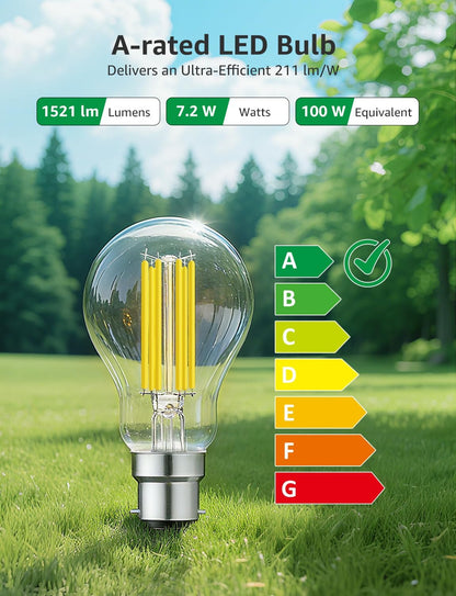Lepro LED Light Bulbs Bayonet, Ultra Efficient A-Rated B22 Bulb, 7.2W = 100W, 1521lm, 2700K Warm White, 50000H Lifespan, Clear Filament, Glass, Non-dimmable