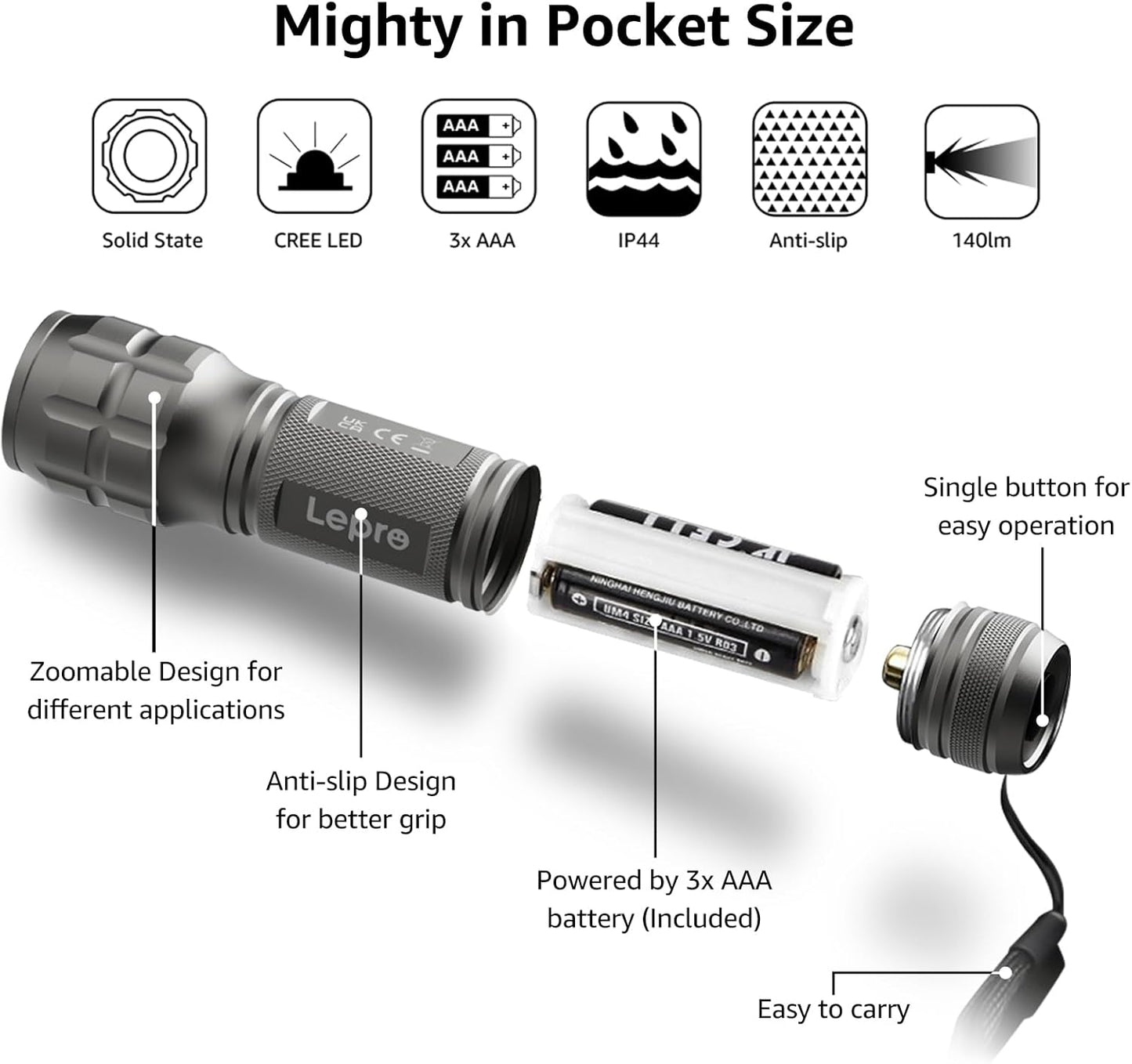 LE LED Torch Battery Powered, LE1000 Bright Hand Flashlight, Adjustable Focus, Water Resistant, Lightweight, for Power Cut, Camping, Dog Walking, Easy to Use Small Torch, Gift for Kids Men Dad Him