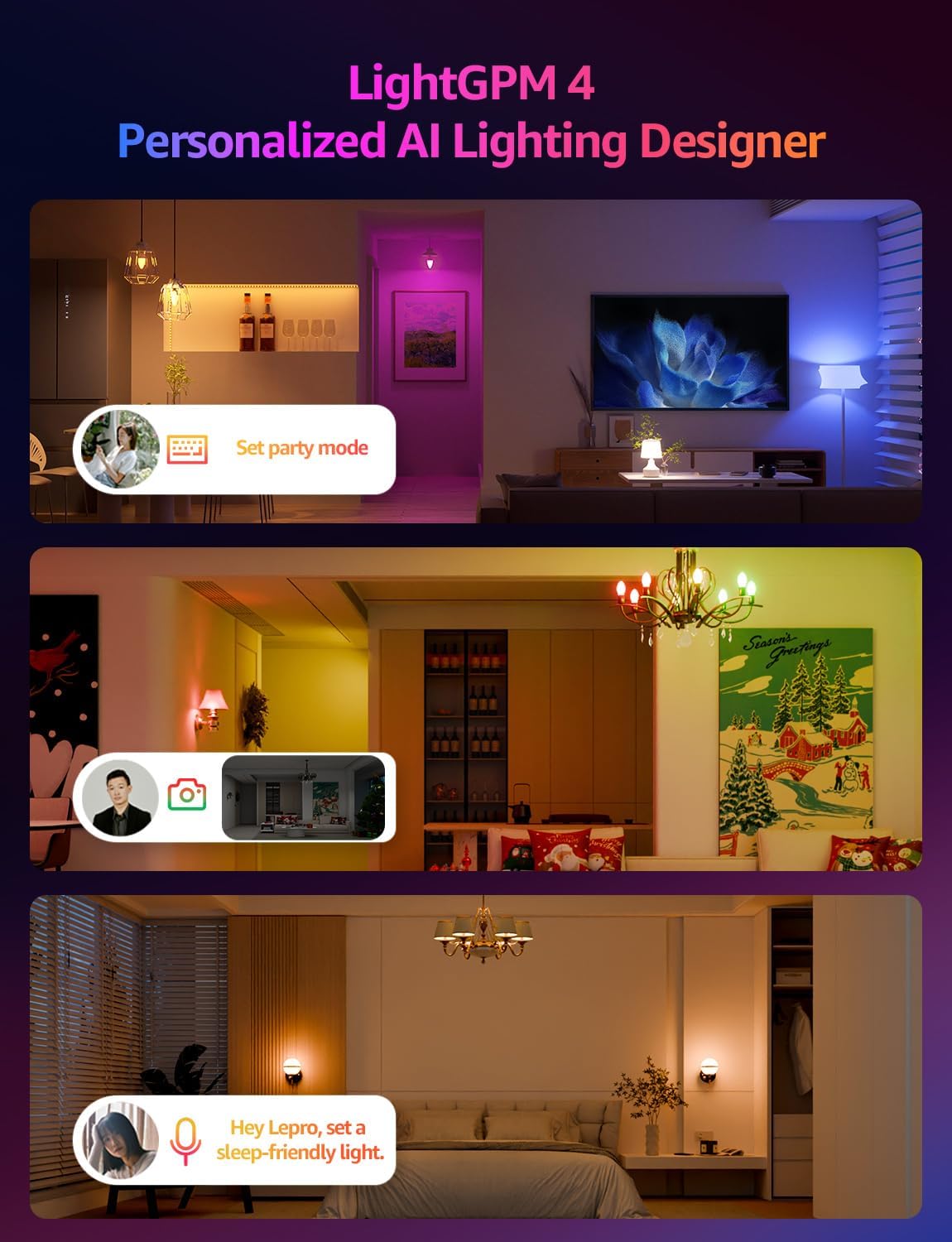 Lepro BC1 AI Smart Bulb E14, Music Sync WiFi Bulb, Voice Control, AI Lighting Design Assistant, Bluetooth Color Changing Light Bulb, RGBCCT Candle Bulb, Work with Alexa & Google Assistant, 4 Packs