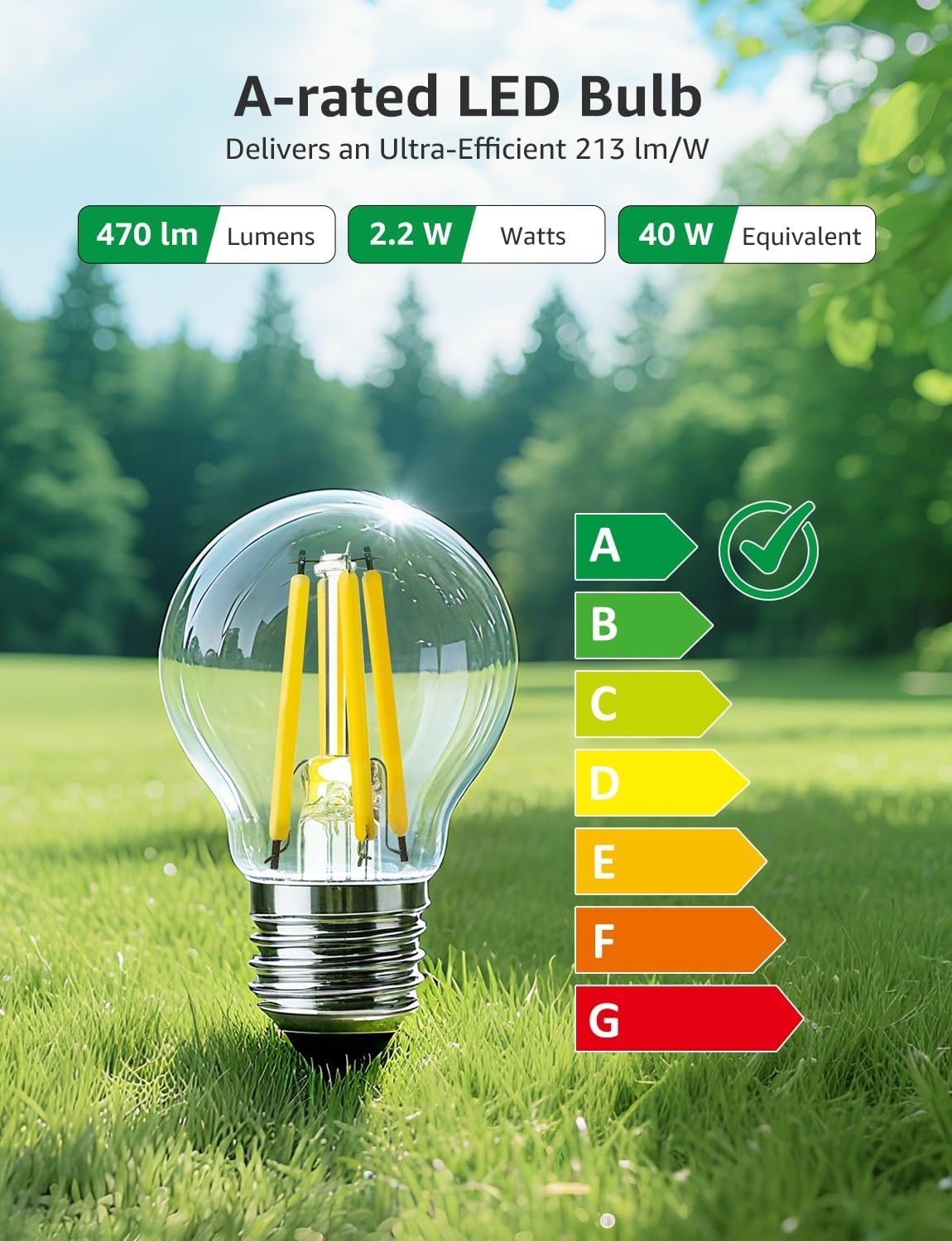 Lepro E27 Golf Ball Bulb, Ultra Efficient A-Rated, 2.2W = 40W, 470lm, Warm White 2700K, 50000H Lifespan, Edison Screw in Light Bulb, Clear Glass Vintage Filament Bulb, Pack of 2