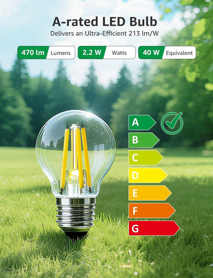 Lepro E27 Golf Ball Bulb, Ultra Efficient A-Rated, 2.2W = 40W, 470lm, Warm White 2700K, 50000H Lifespan, Edison Screw in Light Bulb, Clear Glass Vintage Filament Bulb, Pack of 2