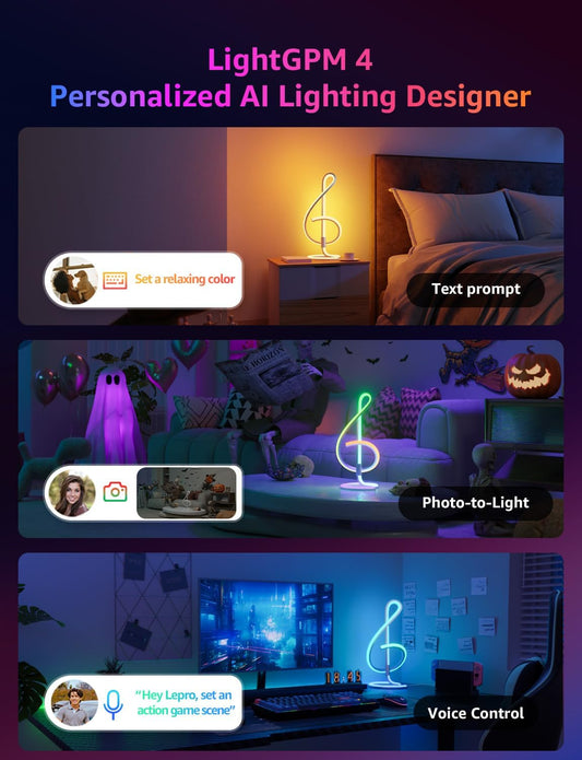 Lepro TB2 AI Table Lamp, Smart LED Lamp with Music Sync, AI Lighting Design Assistant, Colour Changing Smart Table Lamp, Voice Cotrol, Works with Alexa & Google Assistant, Bluetooth & 2.4GHz WiFi