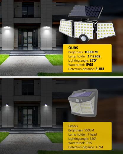 Lepro Solar Security Lights, 1200LM Solar Floodlights Motion Sensor with 360 Degree 3 Adjustable Heads, IP65 Waterproof, Wide Lighting Angle Solar Lights Outdoor for Yard Garage Pathway