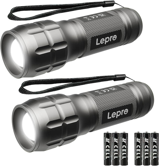Lepro LE LED Torch Battery Powered, LE1000 Hand Flashlight, Adjustable Focus, Water Resistant, Lightweight, for Power Cut, Camping, Dog Walking, Easy to Use Small Torch, Gift for Kids Men Dad, 2 Packs
