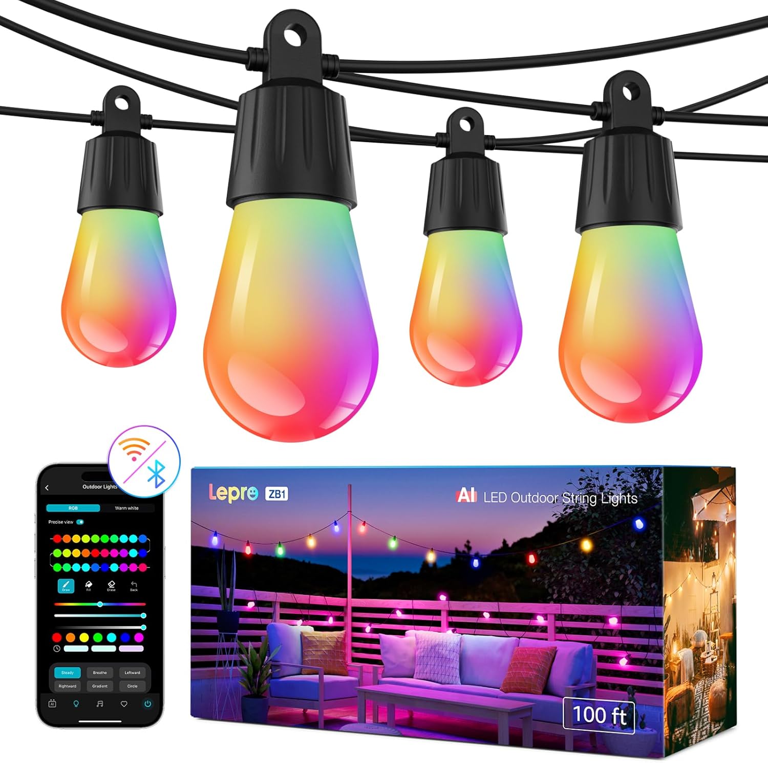 Lepro AI Smart Outdoor String Lights 30m, Festoon Lights Outdoor Waterproof IP65, Warm White & RGB Colour Changing, Personalized AI Lighting Designer, Works with Alexa & Google, 2.4G WiFi